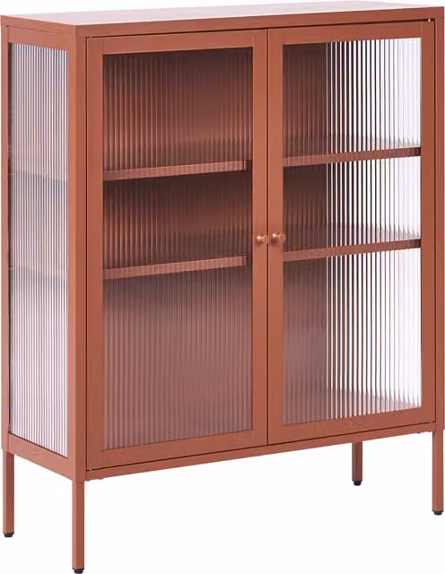 Aparador vitrina industrial moderno Beliani de acero y vidrio con puertas de cristal en marrón y dorado An/P/Al: 90 x 35 x 111 cm
