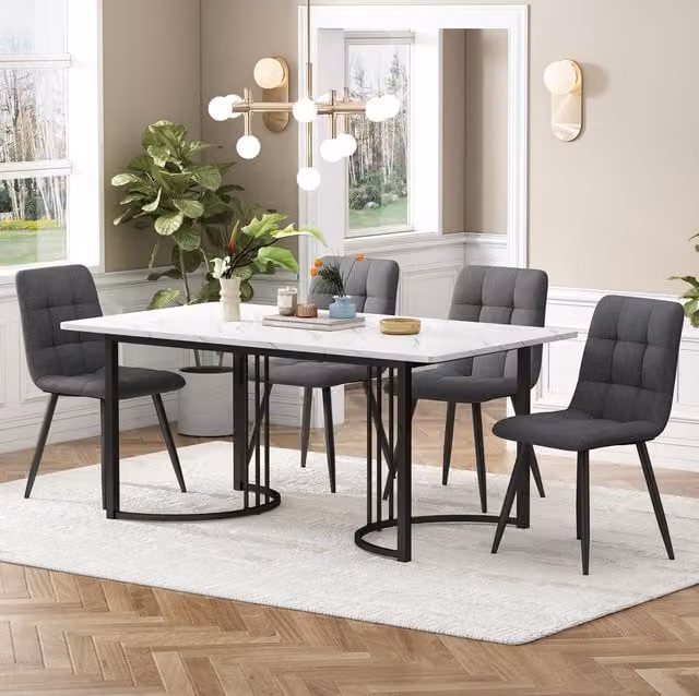 Conjunto de comedor BEAOK de 5 piezas con mesa rectangular de MDF blanco brillante y 4 sillas con patas metálicas negras
