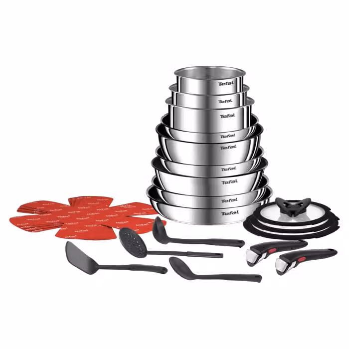 Set de 22 piezas Tefal Ingenio Emotion en acero inoxidable y aluminio color plata con mango extraíble y revestimiento antiadherente