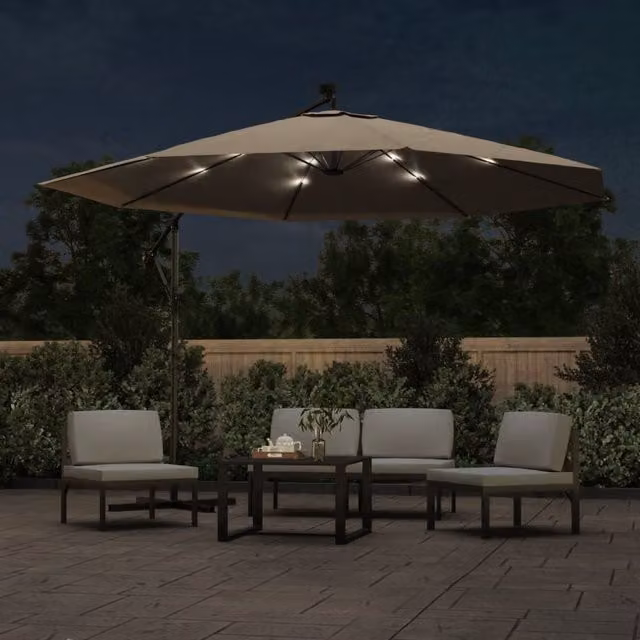 Sombrilla voladiza SYFAX para jardín con luces LED, estructura de acero y funda de poliéster en colores gris o beige, Diámetro: 350 cm, Altura: 290 cm