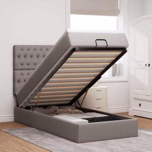 Estructura de cama otomana con colchón Maison Exclusive en tela gris y blanca, An/P/Al: 80 x 200 x 128 cm