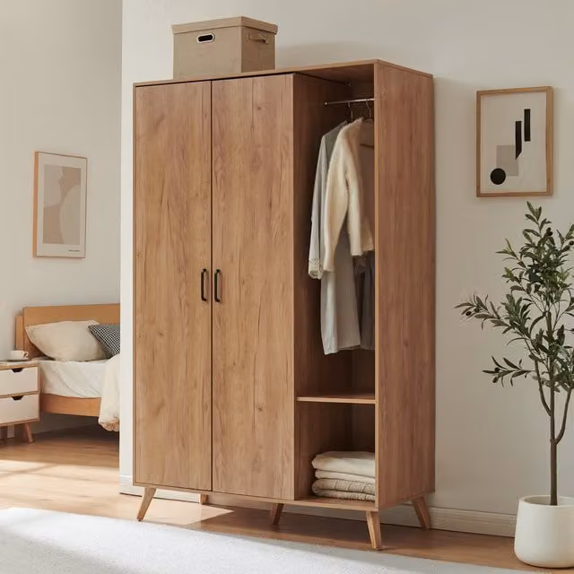 Armario Norg de en.casa con 2 puertas, estantes internos y barra de colgar, color roble marrón, Al: 191 cm, An: 120 cm, P: 52 cm