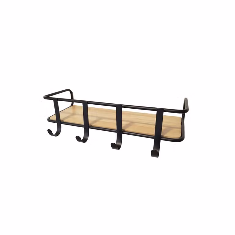 Perchero de pared Box and Beyond con estantería integrada, metal negro mate y madera, 4 ganchos, An/P/Al: 41,5 x 20 x 11 cm