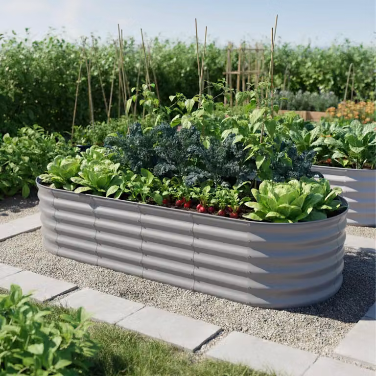 Macetas metálicas semicirculares Northix de acero galvanizado para jardines elevados, An/P/Al: 240 x 60 x 45 cm