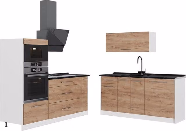 Cocina Vicco Fame-Line en roble dorado de 340 cm con puertas de cierre suave