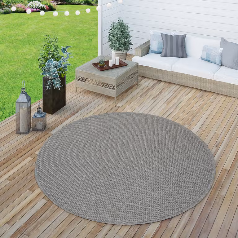 Alfombra Paco Home para exterior e interior de diseño liso y aspecto de sisal en color gris, redonda, Diámetro: 200 cm