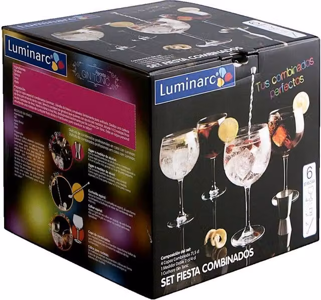 Set de 6 piezas de coctelería Luminarc en vidrio transparente con 4 copas de cocktail, cuchara mezcladora y medidor de 71,5 cl