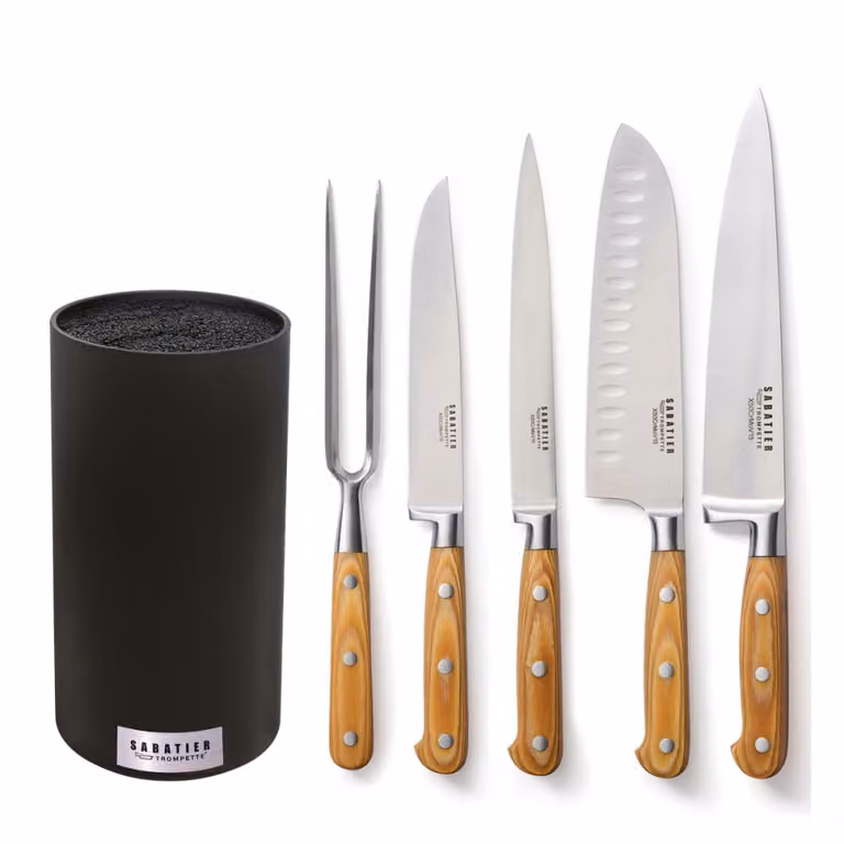 Set de cuchillos Sabatier Trompette de 5 piezas con bloque de madera marrón y acero inoxidable