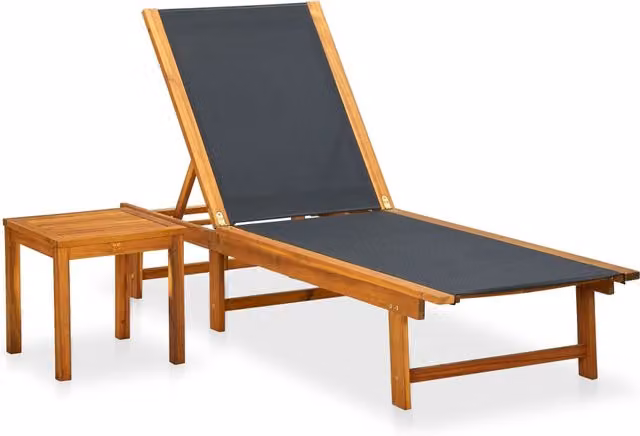 Tumbona de jardín VIDAXL con mesita de madera de acacia y tejido textilene en marrón y negro con reposacabezas ajustable
