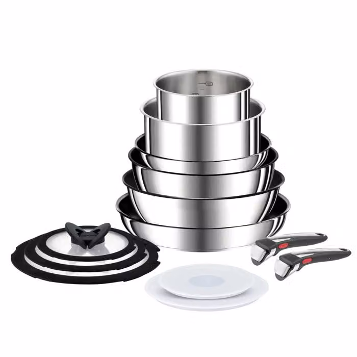 Set de cocina Tefal Ingenio Preference On de 15 piezas con 2 mangos extraíbles, acero inoxidable 18/10 y revestimiento antiadherente, color plata, compatible con inducción