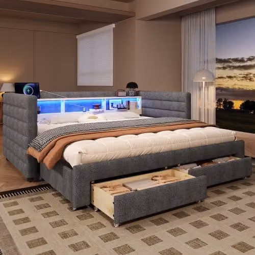 Cama infantil OKWISH de terciopelo gris con 2 cajones, iluminación LED y puertos USB y Type-C, An/P/Al: 90 x 190 x 72 cm