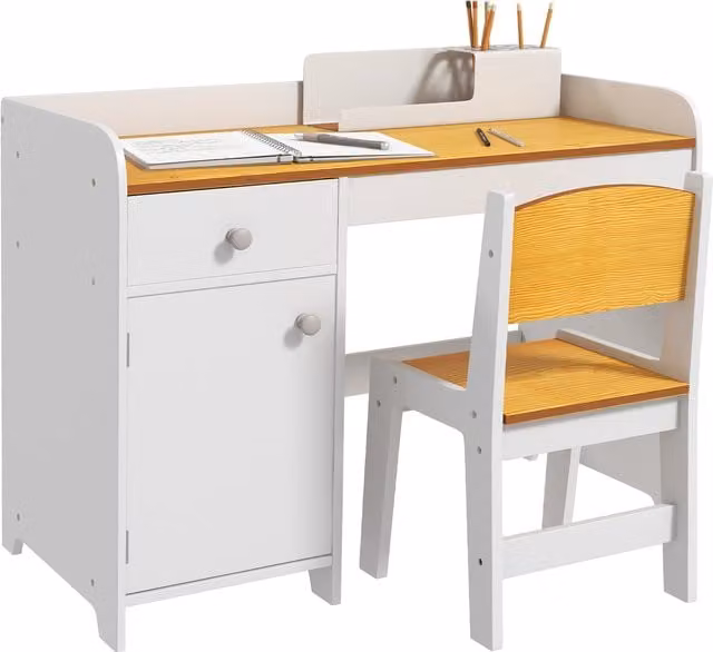 Escritorio para niños ZONEKIZ con silla y cajón de diseño ergonómico en color blanco y natural para su espacio de estudio