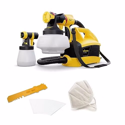 Pulverizador de pintura Wagner W 690 FLEXiO con tecnología HVLP de 630 W para interiores y exteriores, con depósito de 1,8 l y caudal de 400 ml/min en colores negro, amarillo y rojo