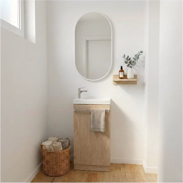 Mueble de baño Johann con lavabo y espejo en acabado roble y beige con puertas de cierre suave y fondo reducido An/P/Al: 88 x 41 x 22 cm