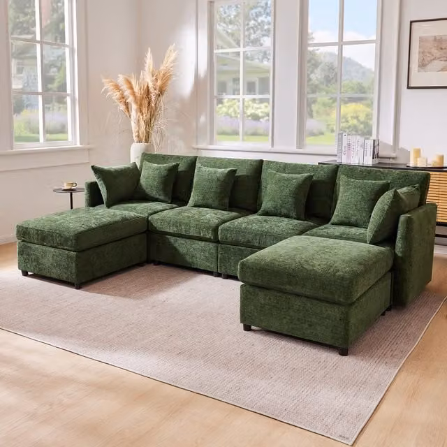Sofá Modular Convertible Kellany en Forma de U y L de Tela Chenille Verde con 2 Otomanas y 6 Cojines