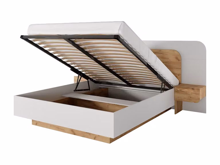 Canapé abatible DESADO con mesas de noche y luz LED bajo la cama, color blanco y beige, An/P/Al: 160 x 200 cm