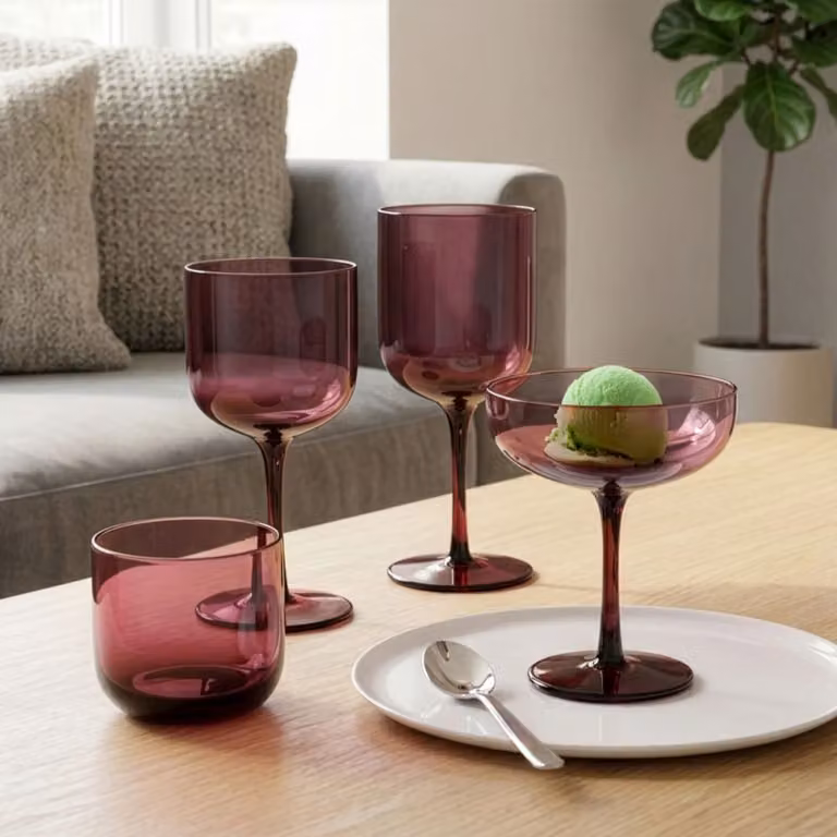 Juego de 4 copas de champán Couzon de cristal soplado a boca en color rosa transparente de 17 cl