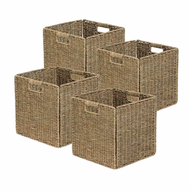 Juego de 4 cestas plegables de Box and Beyond en hierba marina natural, colores beige y marrón, con asas, An/P/Al: 31 x 31 x 31 cm