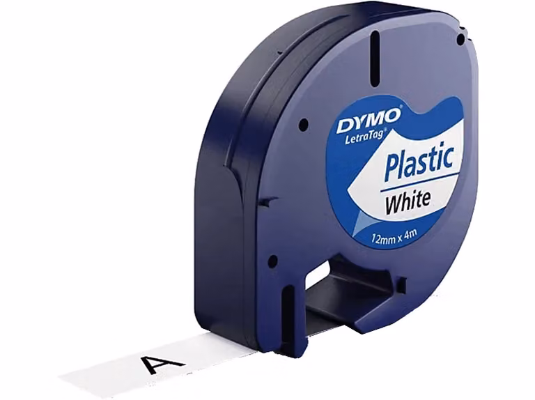 Cinta de rotulación de plástico Dymo Letratag en blanco y negro de 12 mm x 4 m