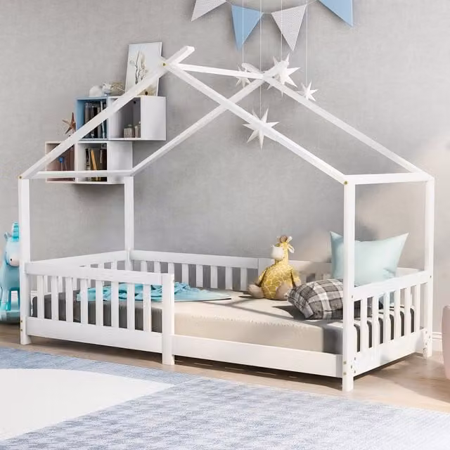 Cama Casita MODENVIE de Madera Maciza de Pino para Niños, Color Blanco, An/P/Al: 90 x 200 x 158 cm