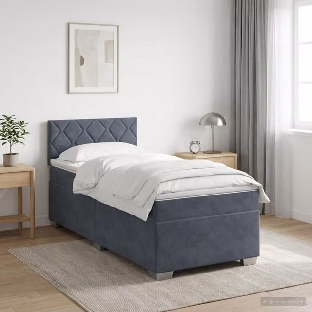 Cama Maison Exclusive con base tapizada en terciopelo gris, colchón híbrido y luz LED con puerto USB, An/P/Al: 90 x 200 x 25 cm
