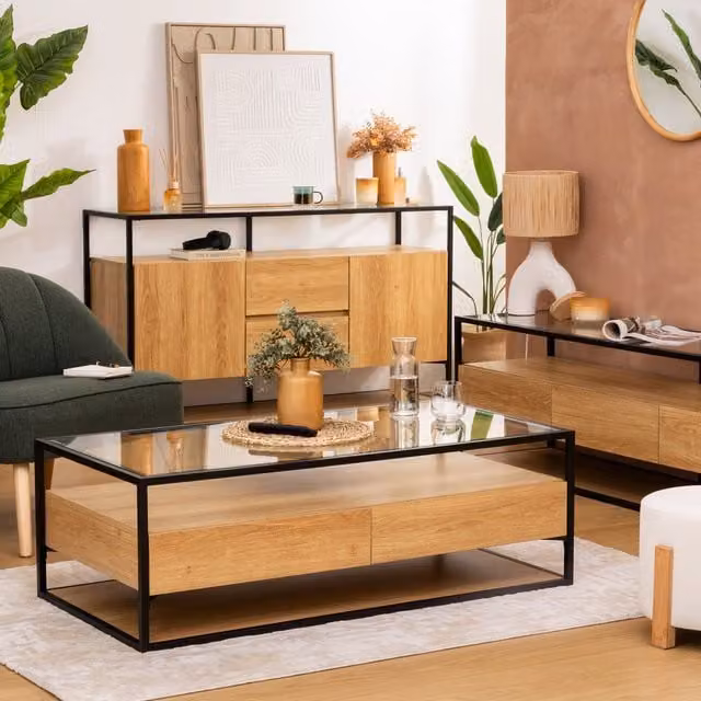 Mesa de centro rectangular Atmosphera Aldea beige con 2 cajones, efecto madera de roble, marco negro y tablero de vidrio templado, An/P/Al: 120 x 60 x 40 cm