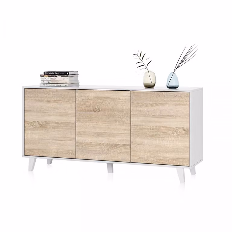 Aparador Niva Duehome en blanco brillo y roble con gran espacio de almacenamiento de 154 cm