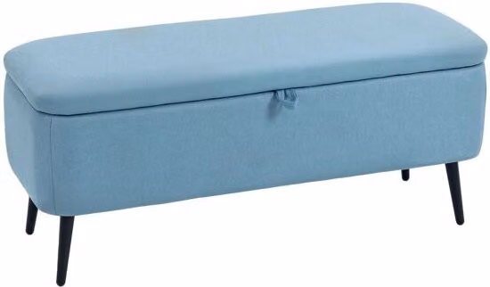 Puff de almacenaje HOMCOM con tapa abatible y patas de metal, tapizado en lino sintético, color azul, An/P/Al: 101 x 38,5 x 44,5 cm