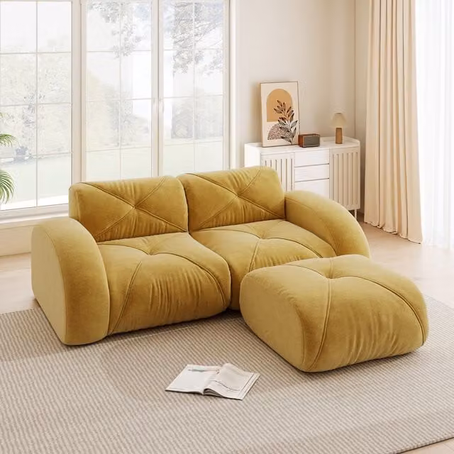 Sofá Modular Moderno de 2 Plazas KELLANY con Otomana en Tejido de Chenilla Amarillo