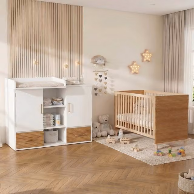 Conjunto de muebles para habitación infantil MODFU con cama y cómoda cambiador en madera de pino y MDF, color blanco y natural, An/P/Al cómoda: 114 x 53 x 92 cm, An/P/Al cama: 140 x 70 x 87 cm