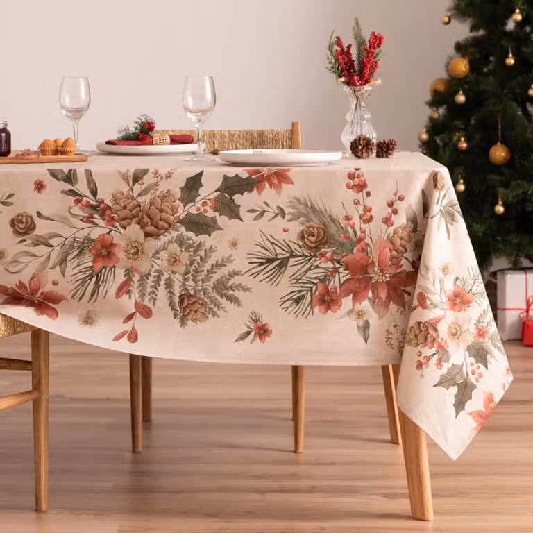 Mantel de Navidad con diseño floral en algodón color menta y beige, repelente al agua y a las manchas, An/P: 155 x 350 cm