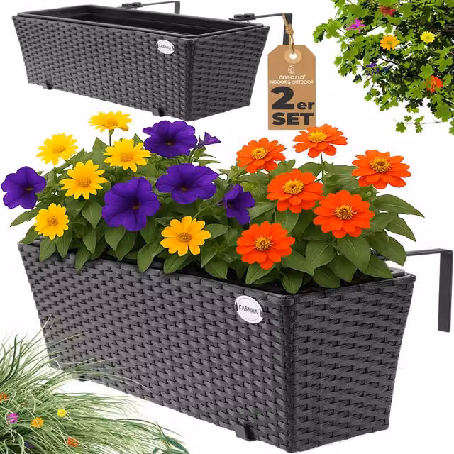 Set de 2 maceteros colgantes para balcón y ventana Casaria, color negro, An/P/Al: 60 x 20 x 19 cm