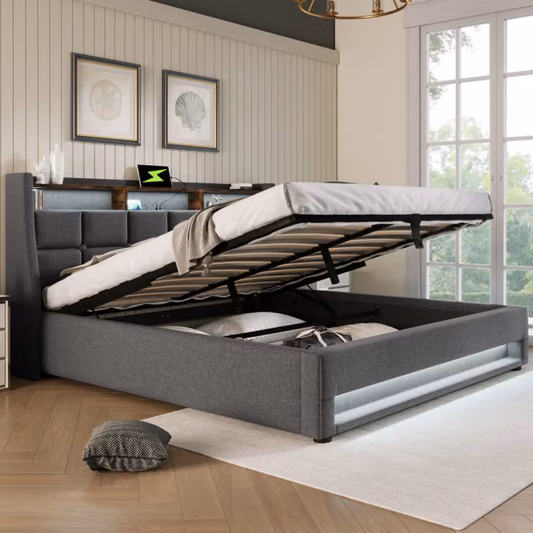 Cama tapizada Flieks de matrimonio en color gris con lino, incluye puerto USB, luces LED y somier con espacio de almacenamiento An/P/Al: 140 x 200 x 117 cm