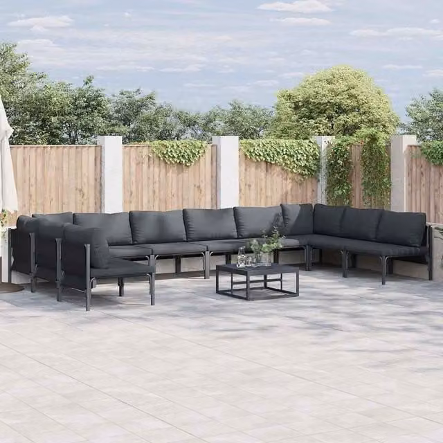 Conjunto de 10 sofás de jardín Maison Exclusive en forma de L con estructura de acero negro y cojines tapizados resistentes a la intemperie