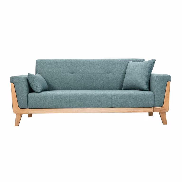 Sofá nórdico de 3 plazas Miliboo tapizado en terciopelo con patas de madera de caucho en color verde grisáceo An/P/Al: 183 x 77 x 79 cm