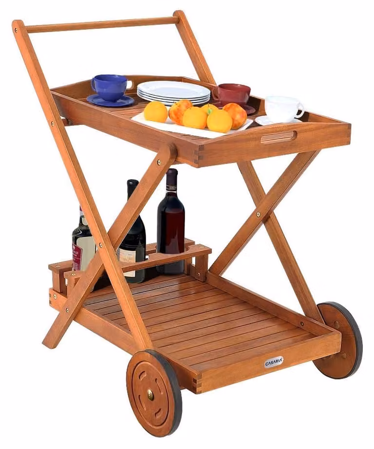Carrito de servicio B2X de madera de acacia con 2 niveles y ruedas, color marrón, An/P/Al: 90 x 60 x 82 cm