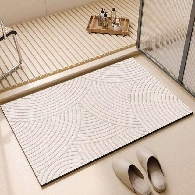 Alfombra de baño superabsorbente ODIPIE de microfibra y diatomita con reverso de goma antideslizante, lavable y de secado rápido, An/P: 40 x 60 cm, color beige y blanco