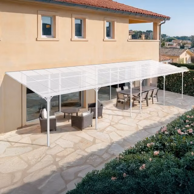 Pérgola adosada tipo carport Kléo de aluminio blanco con techo de policarbonato transparente y sistema de recogida de agua de lluvia, An/P/Al: 1000 x 300 x 270 cm