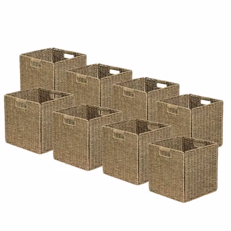 Juego de 8 cestas plegables de hierba marina natural con asas de BOX & BEYOND, color marrón y beige, An/P/Al: 31 x 31 x 31 cm