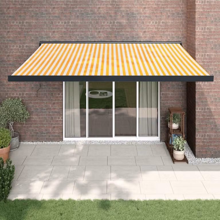 Toldo retráctil Prolenta de aluminio y poliéster en amarillo y blanco, An: 400 cm, P: 300 cm