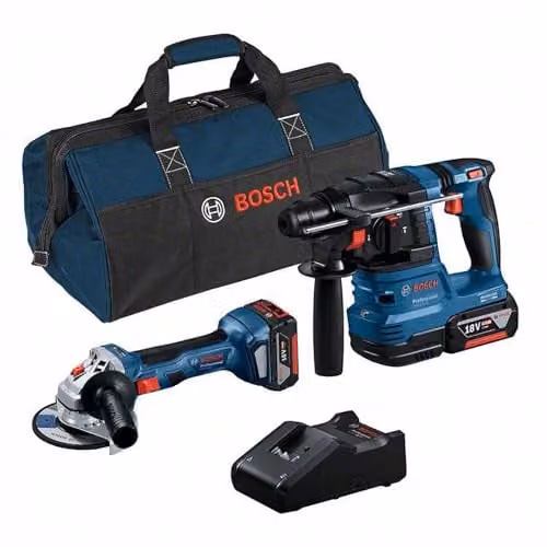 Bosch Professional Kit de Herramientas 18V con Amoladora GWS 18V-7, Martillo Perforador GBH 18V-22, 2 Baterías de 4,0 Ah, Cargador GAL 18V-40 y Bolsa de Herramientas Color Azul