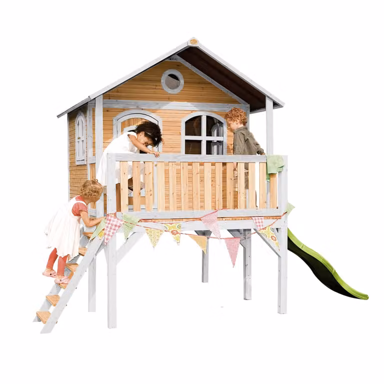 Casita infantil de madera Axi con tobogán en colores marrón, blanco y verde claro