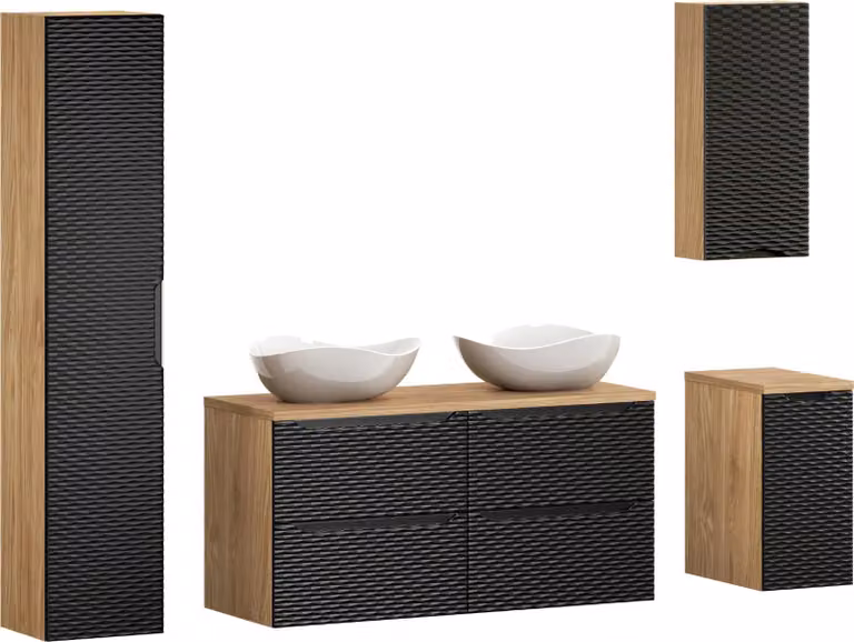 Conjunto de muebles de baño modernos con lavabo, mueble bajo y armario alto en acabado mate blanco y detalles de roble, An/P/Al: 150 x 46 x 70 cm