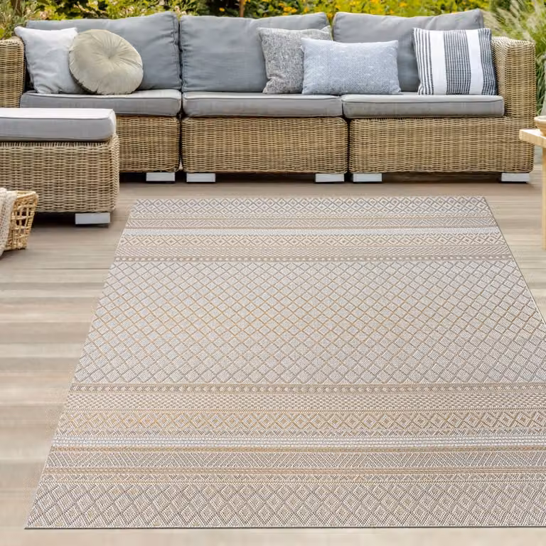 Alfombra Teppich-Traum para interior y exterior con diseño étnico de diamantes en beige y amarillo, An/P: 200 x 280 cm