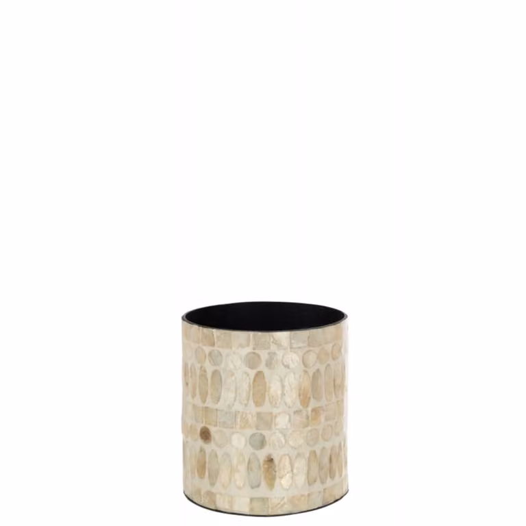 Maceta de sobremesa J-line con motivos de madera beige, forma redonda y diseño geométrico, An/P/Al: 14 x 14 x 15 cm