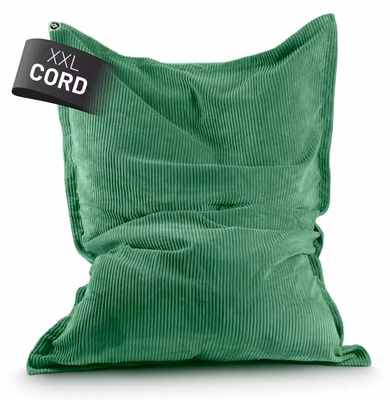 Puf gigante Lumaland Classic XXL de pana verde, diseño rectangular con estructura acanalada, An/P/Al: 180 x 140 x 65 cm