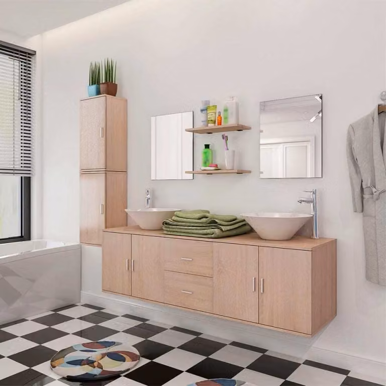Prolenta Juego de muebles de baño de 11 piezas de madera con mueble lavabo y armario de pared, color beige mate