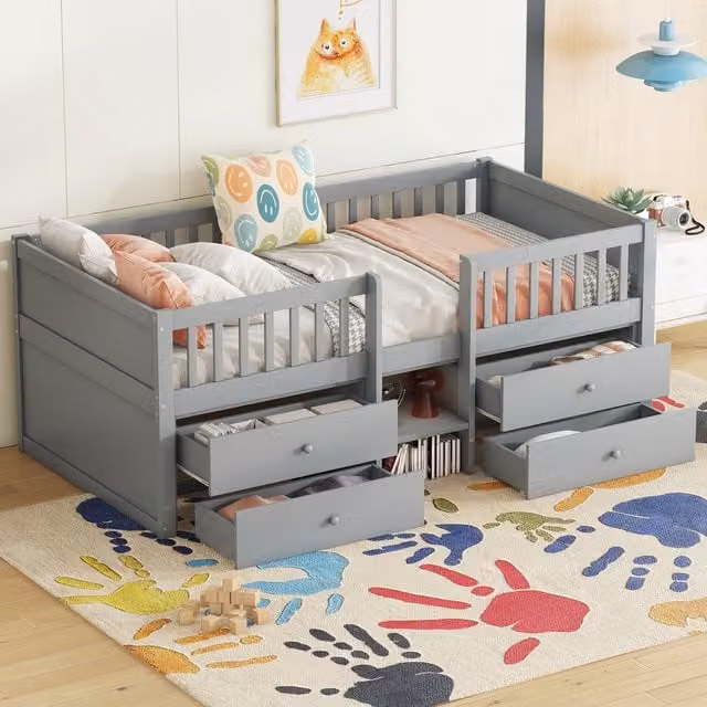 Cama alta individual MODENVIE de pino y MDF con 4 cajones, barandilla y escalera, color gris, An/P/Al: 90 x 200 x 120 cm