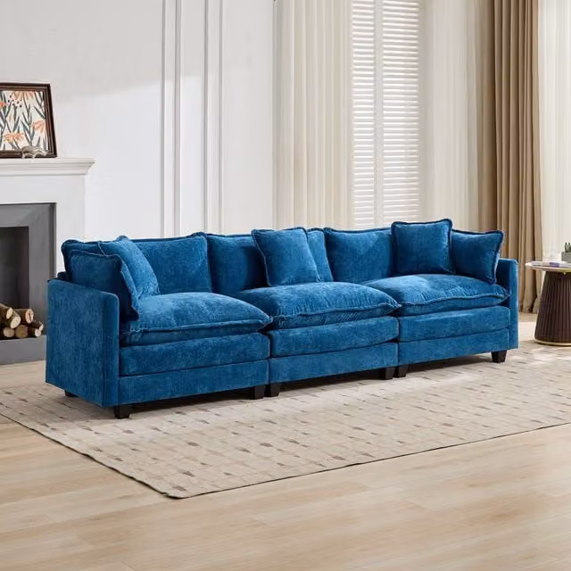 Sofá Cloud de 3 plazas KELLANY en color azul, sofá seccional moderno de chenilla reversible para salón o dormitorio