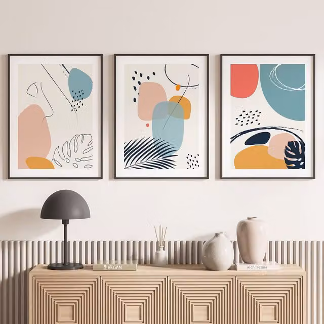 Juego de 3 pósteres trípticos Lumalea con diseño floral de palmeras y estilo moderno, multicolor, An/An/Al: 21 x 29,7 x 29,7 cm